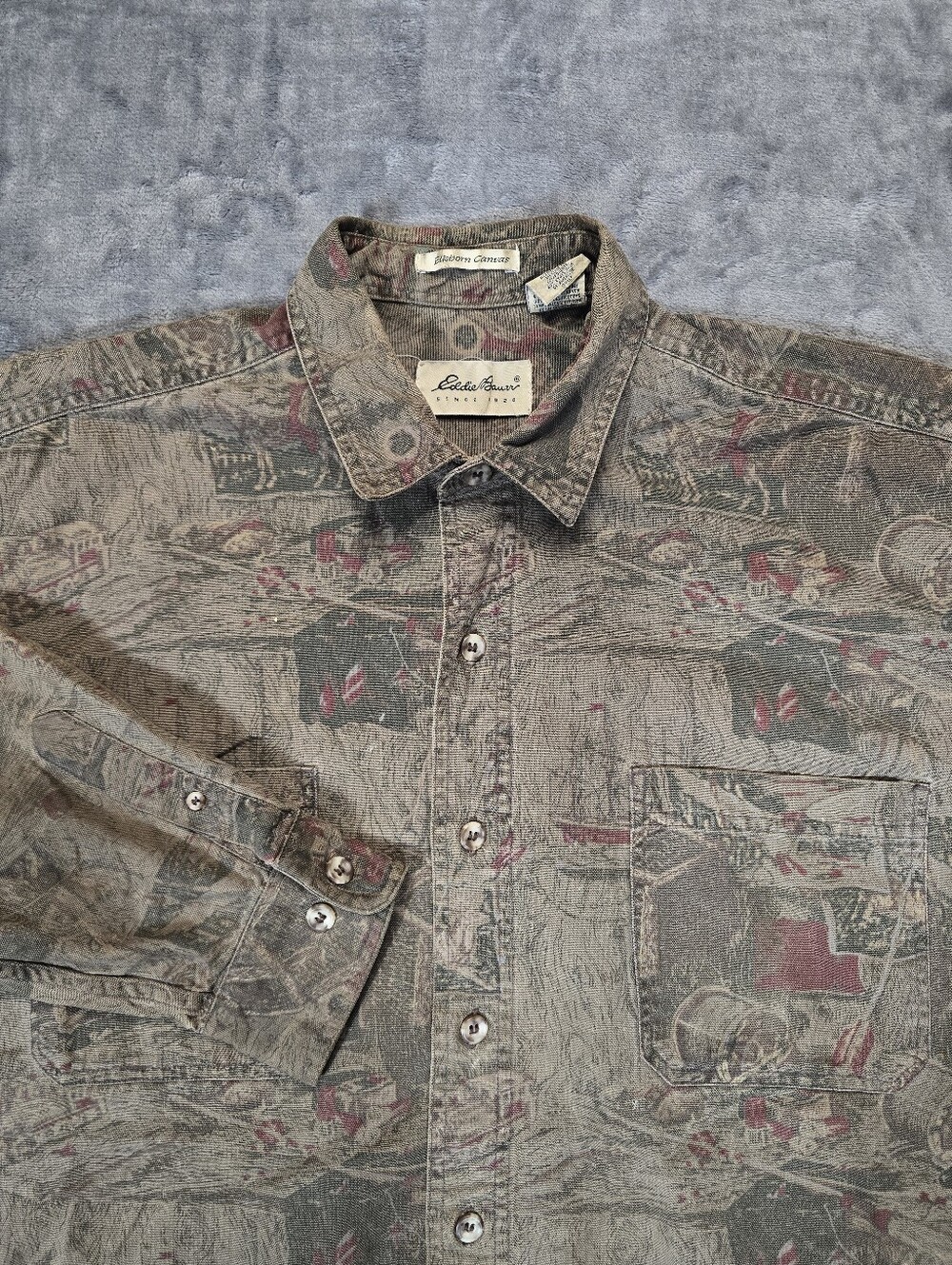 Vintage Eddie Bauet Elkborn Canvas AOP Graphic Button Up Shirt Size XL All Over